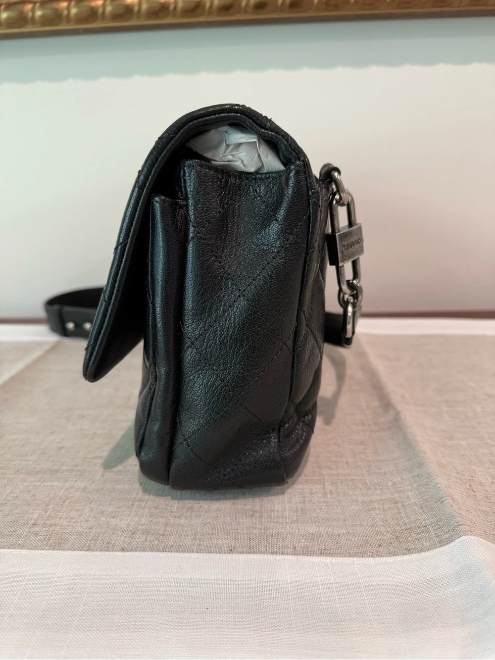 Chanel Black Quilted Goatskin Leather Shoulder Bag with Silver CC Turn-Lock